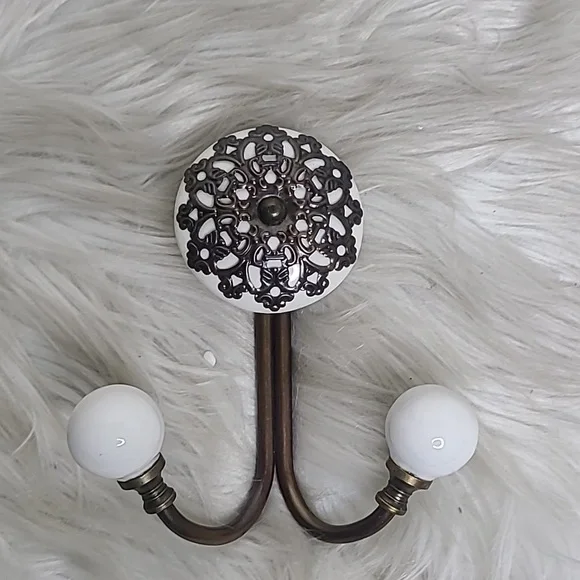 Decorative Hook White Ceramic Bronze Metal Filigree Shabby Chic Decor Home EUC - Picture 3 of 6